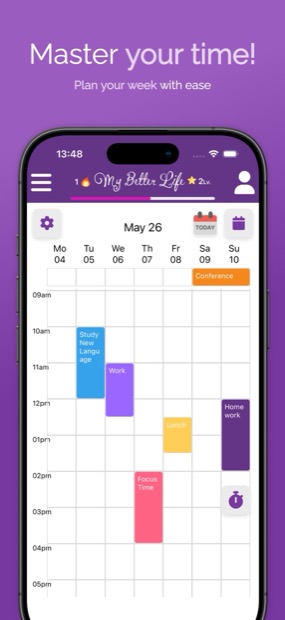 My Better Life weekly planner with colour-coded time slots