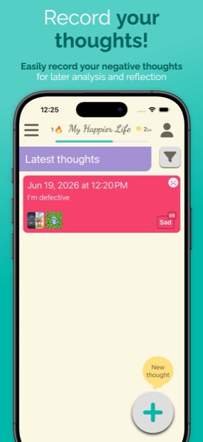 My Happier Life thought list showing a recorded thought labelled with a mood