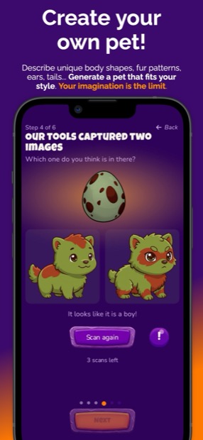 Pocket Pet creation wizard showing two generated pet designs hatching from an egg